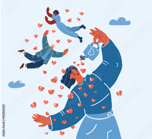 Vector illustration of Care, Young happy loving happy man woman love themselves. Self caring love and happy people