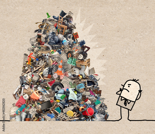 Worried cartoon man watching a big pile of garbage