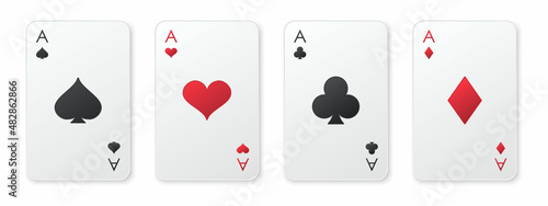 Four aces playing card suits set. Hearts, spades, diamonds, clubs cards. A winning poker hand. Poker, gambling concept. Template for casino, web design. Vector illustration
