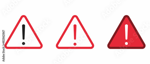 Danger triangle signs set in red and white color. Attention symbol with exclamation mark icon. Risk sign. Caution error. Template for your design. Vector illustration