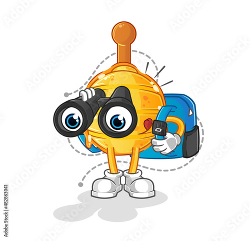 wooden honey dipper with binoculars character. cartoon mascot vector