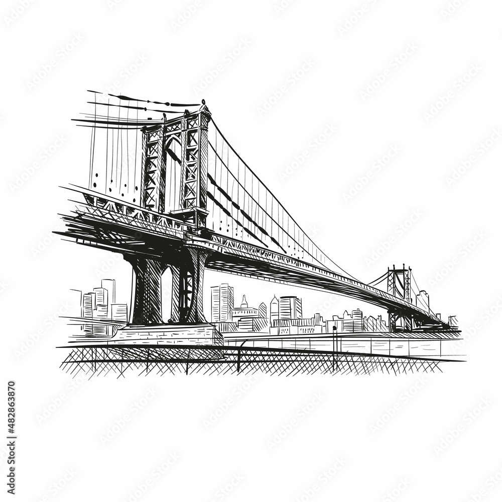 Bridge hand drawn sketch. New York city, vector illustration
