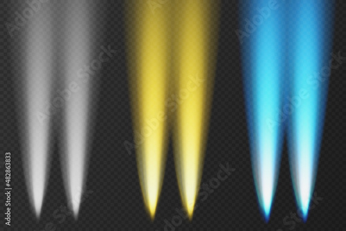 Set of transparent car headlight top view on dark background. Vector shine beam on night road. Glow effect of LED auto spotlight. Bright vehicle light in nighttime template