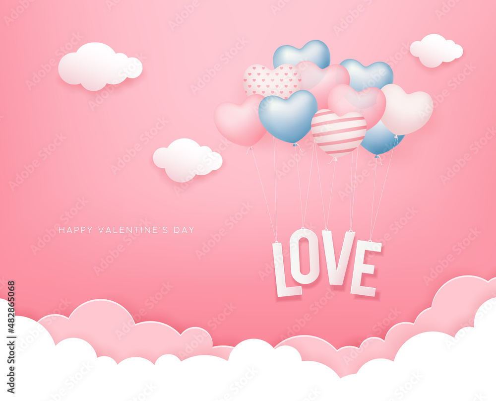 Valentines day, Balloon heart love message paper cut concept design on cloud pink background, Eps 10 vector illustration
