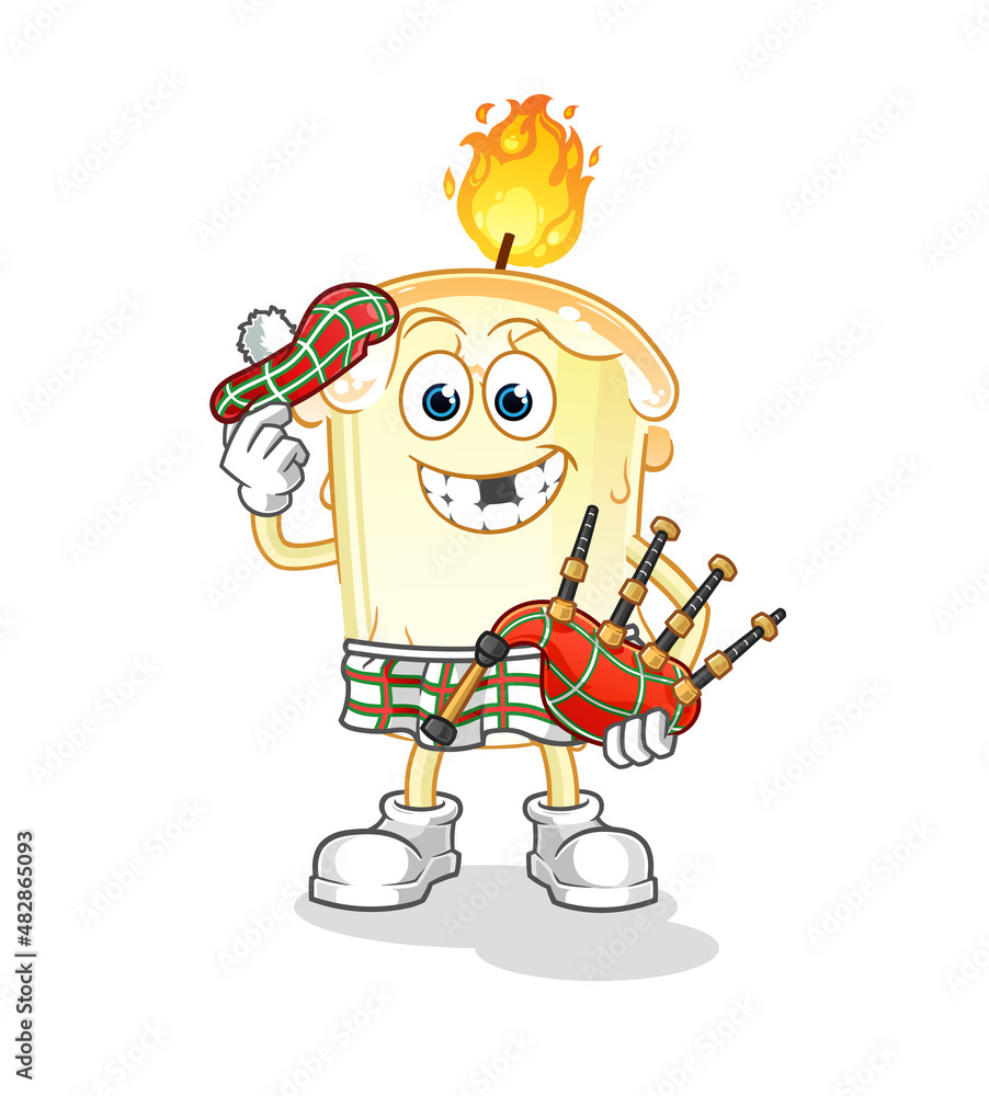 Naklejka premium candle scottish with bagpipes vector. cartoon character