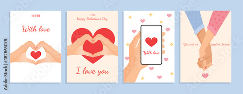 Set of romantic illustrations for cards, poster, banner, internet, social networks. Collection of vector design with hands, gestures, chat online for valentine's day. Love, family, friendship.