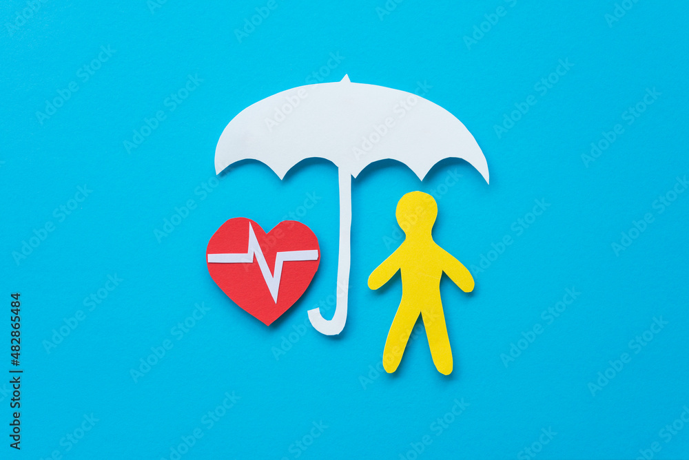Health or life insurance and hospital concept. Paper cutout of man, white umbrella and red heart pulse on blue background. Insurance is risk management and planning. Health or life insurance and hospital concept. Paper cutout of man, white umbrella and red heart pulse on blue background. Insurance is risk management and planning.