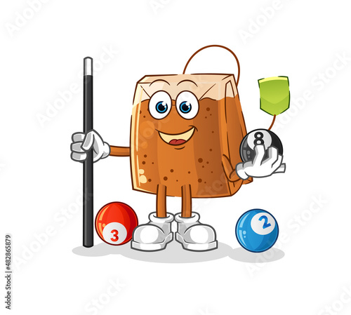 tea bag plays billiard character. cartoon mascot vector