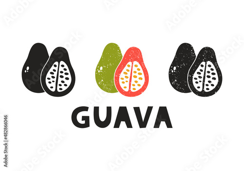 Guava, silhouette icons set with lettering. Imitation of stamp, print with scuffs. Simple black shape and color vector illustration. Hand drawn isolated elements on white background