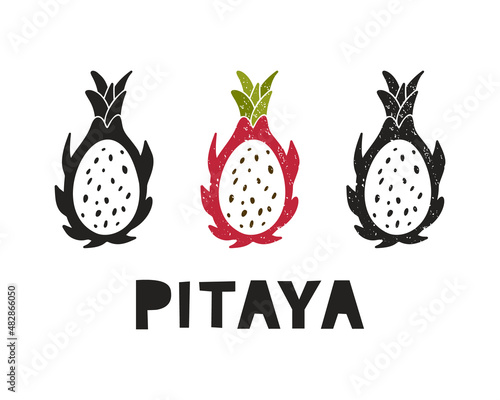 Pitaya or dragon fruit, silhouette icons set with lettering. Imitation of stamp, print with scuffs. Simple black shape and color vector illustration. Hand drawn isolated elements on white background