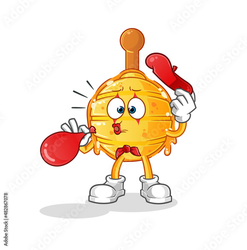 wooden honey dipper pantomime blowing balloon. cartoon mascot vector