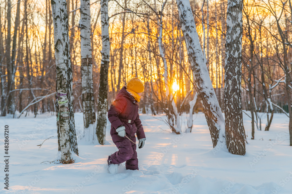a girl in a warm jumpsuit walks through winter snow-covered forest