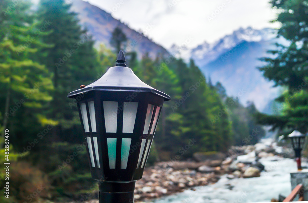 Garden Lantern or Lamp beside the Parvati River at Kasol Himachal Pradesh India