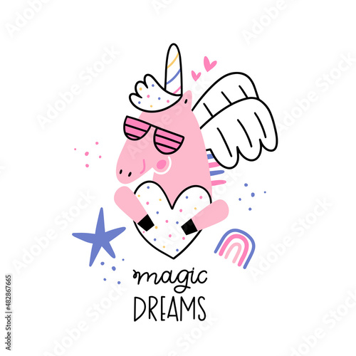 Vector illustration with cute pink unicorn. Perfect for kids print
