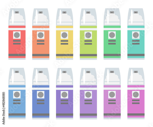 Vector set of colorful palette of spray paint cans in flat style. Collection of painting supplies. Art tool illustration.
