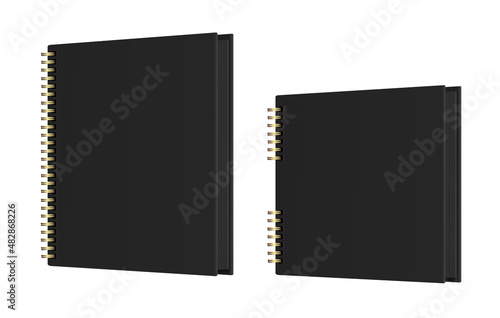 Black Photo albums or book with black pages and golden spirals. Vector realistic Mockup. Square and vertical shape. Empty Templates. Standing closed books with hardcover. EPS10.