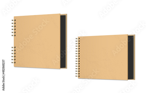 Photo albums from kraft paper with black pages and golden spirals. Square and rectangular shape. Vector 3d realistic. Blank Stylish templates. Mockup. Closed thick Hardcover albums or books.