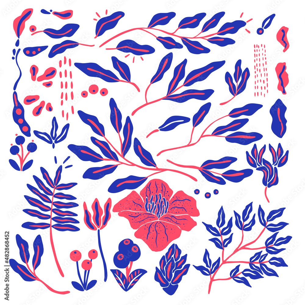 Pack de elementos florales vectorizados en color azul y rosa. Recurso grafico de naturaleza