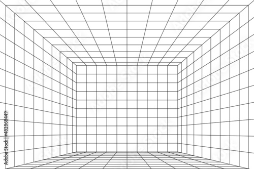 3D perspective digital grid of room space with two point perspective. White empty geometric cyberspace studio background. Virtual three dimension scene. Easy guide architecture template