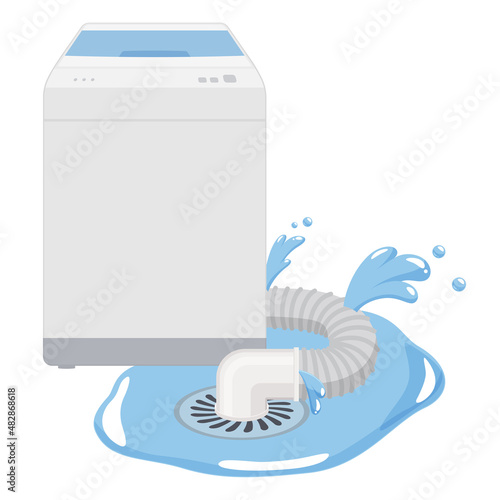 洗濯機のホースから水漏れして水浸しになったイラスト_故障