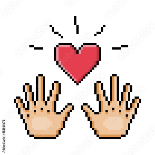 Two hands with shining red heart, pixel art illustration isolated on white background. Concept of giving and sharing love. Magic trick. Witchcraft symbol. 8 bit print. Volunteering and charity concept