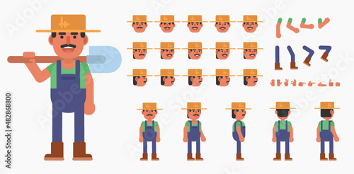 Creation kit of a farmer, villager or gardener character. Modern vector illustration. Create your own pose, action, animation photo