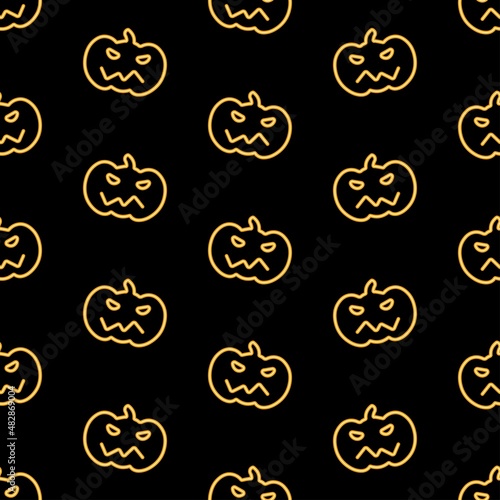 pumpkin horror seamless pattern, bright vector illustration on black background.