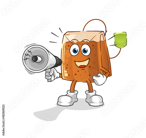 tea bag holding hand loudspeakers vector. cartoon character