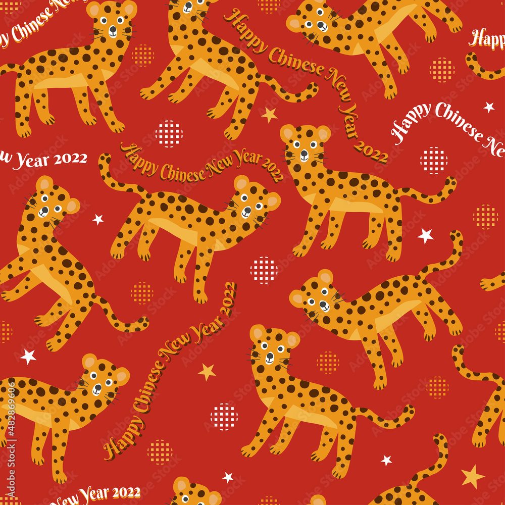 seamless Chinese new year pattern on red  background with doodle hand draw tiger and words , new year card