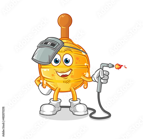 wooden honey dipper welder mascot. cartoon vector