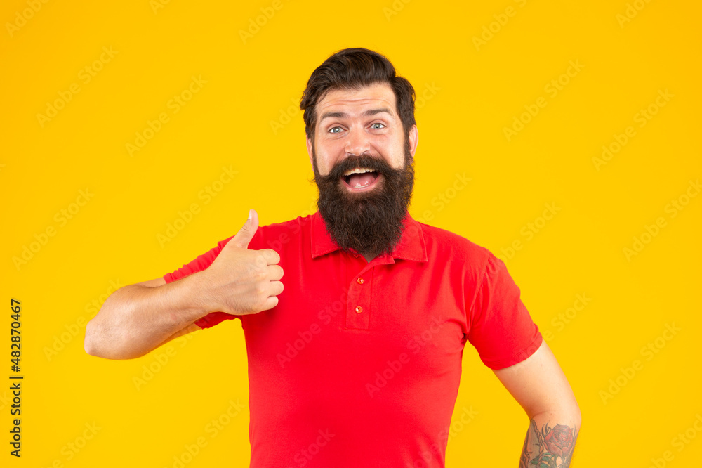 hair and beard care. surprised male face portrait. thumb up. mature hipster with beard. hair and beard care. surprised male face portrait. thumb up. mature hipster with beard.