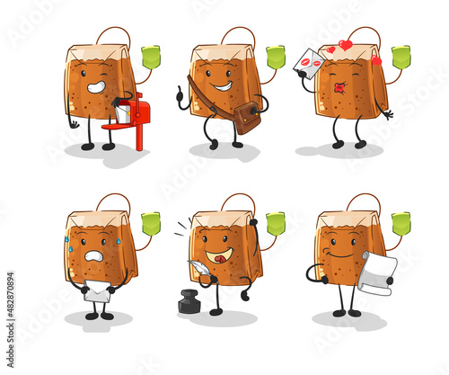 tea bag postman set character. cartoon mascot vector