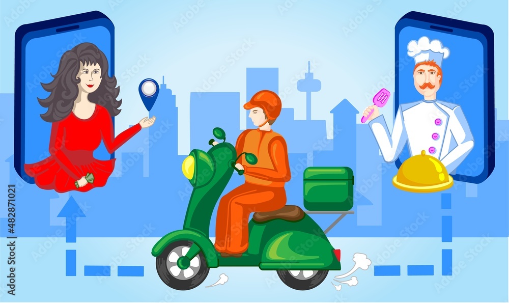 Three-step instructions for food delivery service. Girl orders in online store. A courier delivers box... Three-step instructions for food delivery service. Girl orders in online store. A courier delivers box...