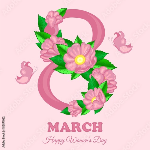 8 March, International Women's Day. Flower vector greeting card with lettering design. Floral arrangement number eight in flowers. Happy Women's Day greeting
