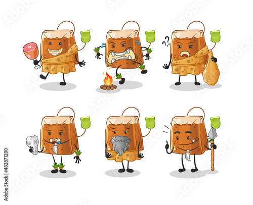tea bag primitive man group character. mascot vector