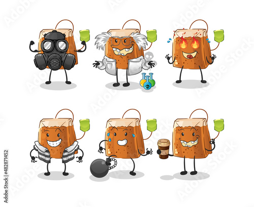 tea bag villain group character. cartoon mascot vector