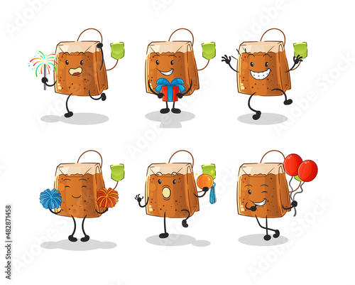 tea bag celebration set character. cartoon mascot vector
