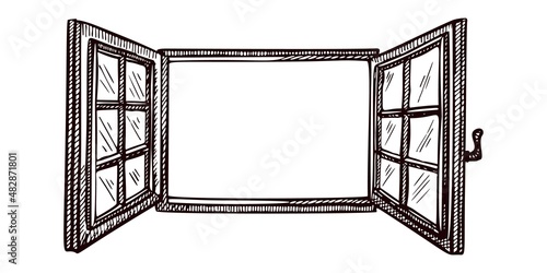 Opened window sketch isolated. Retro element inside wall in hand drawn style.