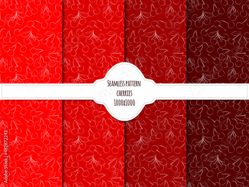 A set of seamless background with cherries. Line drawing and white contour. Lines have different widths. vector graphics, 1000x1000.