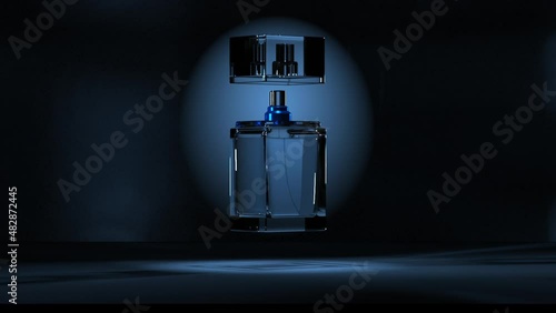 A bottle of perfume on a black background rotates and caustic glitters. 
