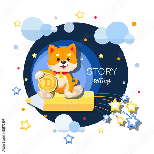 Space. Baby doge mascot. Funny puppy Shiba inu travels in space. Doge meme character emblem for web, banner, poster. Meme tokens. Doge meme cryptocurrency. Symbol digital currency. Vector illustration