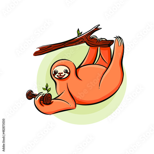 A sloth on a tree does sports. Cute character design. Vector illustration isolated on white background.