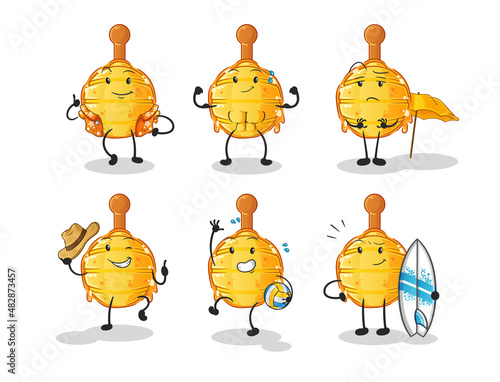 wooden honey dipper beach vacation set character. cartoon mascot vector