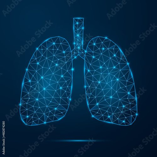 Human lungs with low poly glowing connected dots. Futuristic internal organ with triangular blue shapes. Vector isolated on dark blue background.