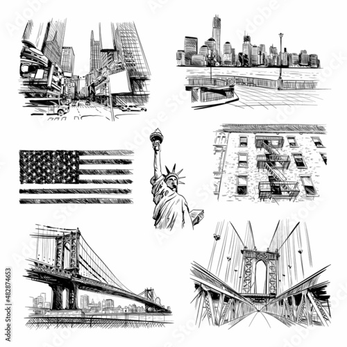 Hand drawn New York city collage, vector illustration