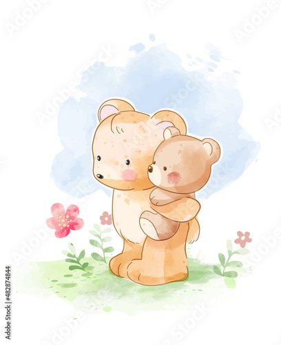 Cute bear father and son piggy back riding vector illustration