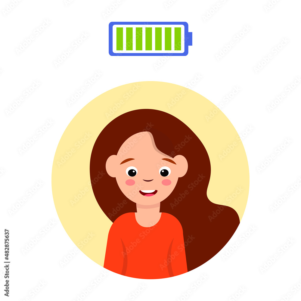 Young woman character vector illustration isolated on white icon, person positive thinking, optimist full battery energy, smiling flat cartoon avatar.  Lifestyle concept. Cheerful mindset expression.
