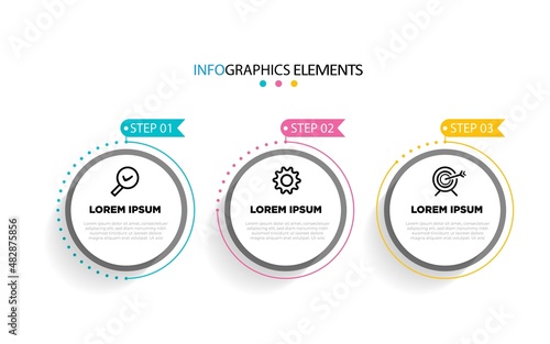 3 steps, option or levels line infographic with label. Timeline info graphic. Business presentation, information brochure, banner, workflow layout template. Vector illustration. Eps10