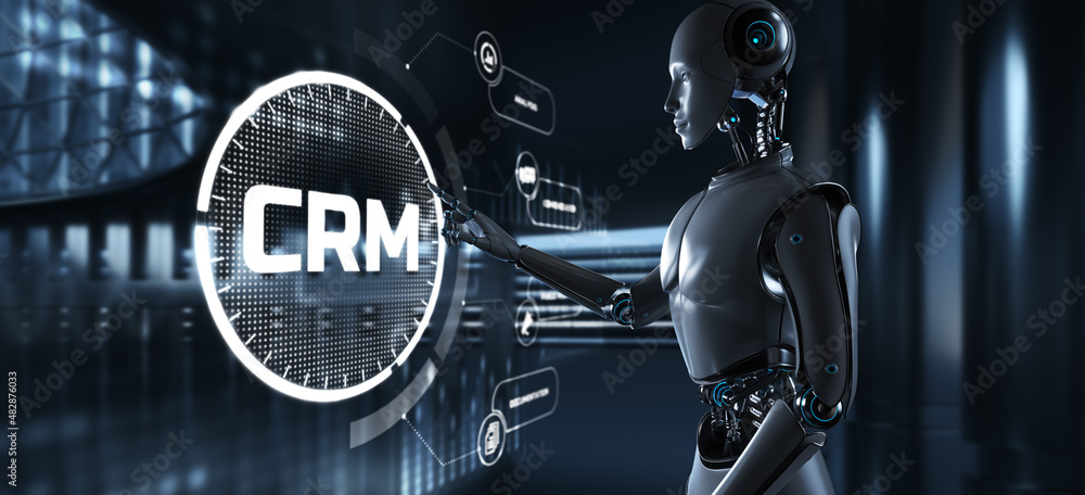 Fototapeta premium CRM customer relationship management automation RPA concept. Robot pressing button on screen 3d render.