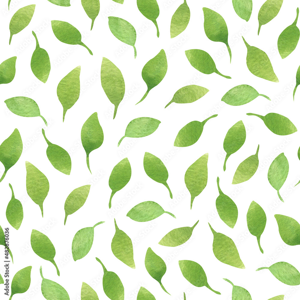 Green leaves seamless pattern. Watercolor background. Design for fabric, scrapbooking, packaging paper, wallpaper, wrap